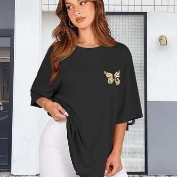 Kadın Baskılı T-Shirt Kısa Kol Bisiklet Yaka Oversize Rahat Kalıp Tişört - Siyah