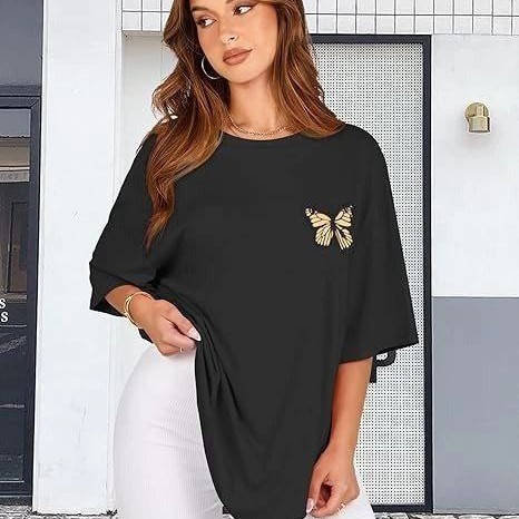 Kadın Baskılı T-Shirt Kısa Kol Bisiklet Yaka Oversize Rahat Kalıp Tişört - Siyah