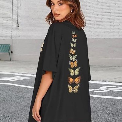Kadın Baskılı T-Shirt Kısa Kol Bisiklet Yaka Oversize Rahat Kalıp Tişört - Siyah
