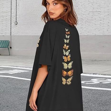 Kadın Baskılı T-Shirt Kısa Kol Bisiklet Yaka Oversize Rahat Kalıp Tişört - Siyah