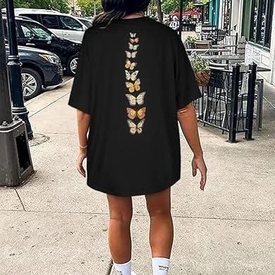 Kadın Baskılı T-Shirt Kısa Kol Bisiklet Yaka Oversize Rahat Kalıp Tişört - Siyah