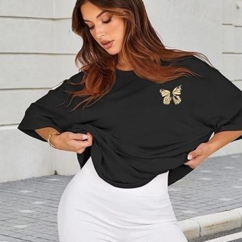 Kadın Baskılı T-Shirt Kısa Kol Bisiklet Yaka Oversize Rahat Kalıp Tişört - Siyah