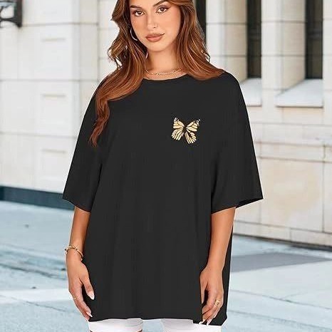 Kadın Baskılı T-Shirt Kısa Kol Bisiklet Yaka Oversize Rahat Kalıp Tişört - Siyah