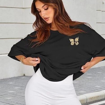 Kadın Baskılı T-Shirt Kısa Kol Bisiklet Yaka Oversize Rahat Kalıp Tişört - Siyah