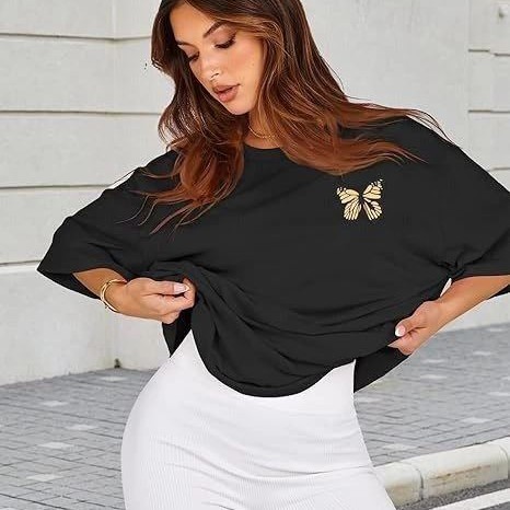 Kadın Baskılı T-Shirt Kısa Kol Bisiklet Yaka Oversize Rahat Kalıp Tişört - Siyah