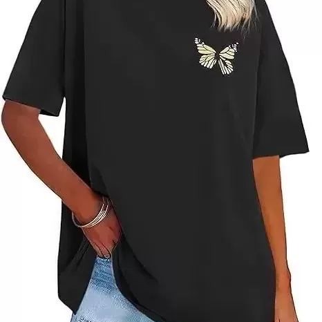 Kadın Baskılı T-Shirt Kısa Kol Bisiklet Yaka Oversize Rahat Kalıp Tişört - Siyah