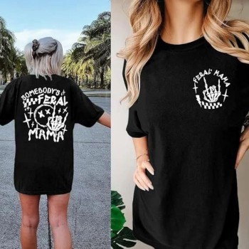 Kadın Baskılı T-Shirt Kısa Kol Bisiklet Yaka Oversize Rahat Kalıp Tişört - Siyah