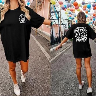 Kadın Baskılı T-Shirt Kısa Kol Bisiklet Yaka Oversize Rahat Kalıp Tişört - Siyah