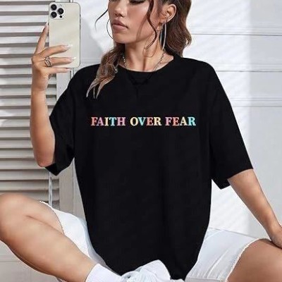 Kadın Baskılı T-Shirt Kısa Kol Bisiklet Yaka Oversize Rahat Kalıp Tişört - Siyah