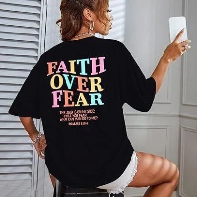 Kadın Baskılı T-Shirt Kısa Kol Bisiklet Yaka Oversize Rahat Kalıp Tişört - Siyah