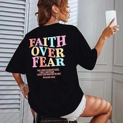 Kadın Baskılı T-Shirt Kısa Kol Bisiklet Yaka Oversize Rahat Kalıp Tişört - Siyah