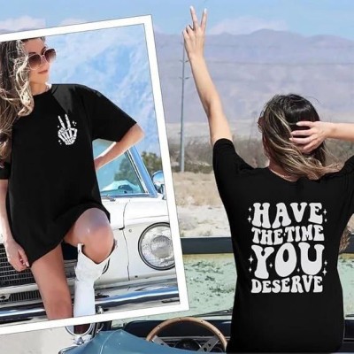Kadın Baskılı T-Shirt Kısa Kol Bisiklet Yaka Oversize Rahat Kalıp Tişört - Siyah