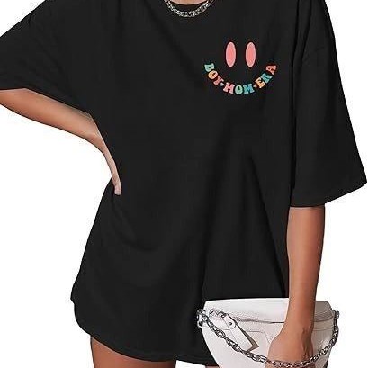 Kadın Baskılı T-Shirt Kısa Kol Bisiklet Yaka Oversize Rahat Kalıp Tişört - Siyah