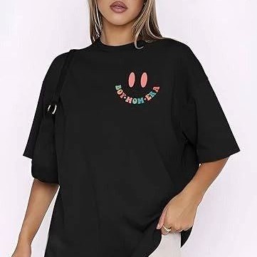 Kadın Baskılı T-Shirt Kısa Kol Bisiklet Yaka Oversize Rahat Kalıp Tişört - Siyah