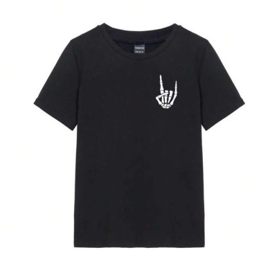 Kadın Baskılı T-Shirt Kısa Kol Bisiklet Yaka Oversize Rahat Kalıp Tişört - Siyah