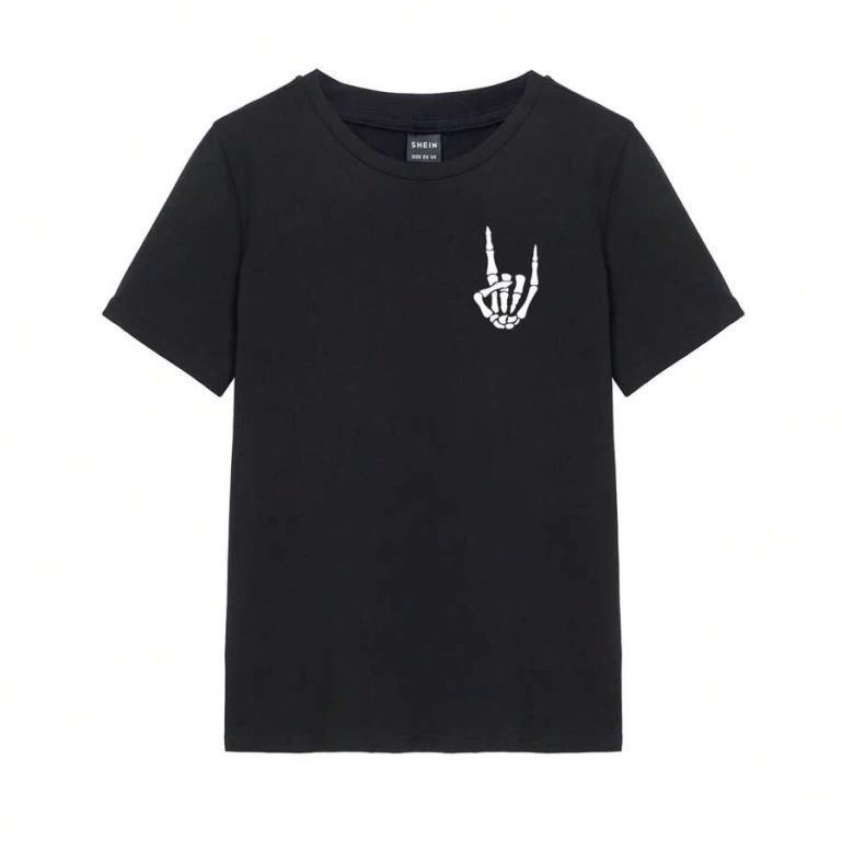 Kadın Baskılı T-Shirt Kısa Kol Bisiklet Yaka Oversize Rahat Kalıp Tişört - Siyah