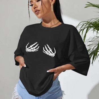 Kadın Baskılı T-Shirt Kısa Kol Bisiklet Yaka Oversize Rahat Kalıp Tişört - Siyah