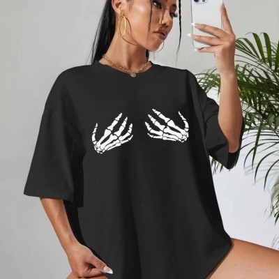 Kadın Baskılı T-Shirt Kısa Kol Bisiklet Yaka Oversize Rahat Kalıp Tişört - Siyah