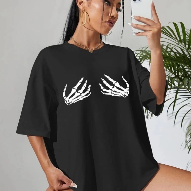 Kadın Baskılı T-Shirt Kısa Kol Bisiklet Yaka Oversize Rahat Kalıp Tişört - Siyah