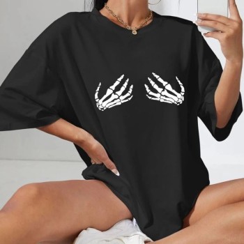 Kadın Baskılı T-Shirt Kısa Kol Bisiklet Yaka Oversize Rahat Kalıp Tişört - Siyah