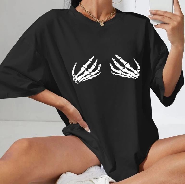 Kadın Baskılı T-Shirt Kısa Kol Bisiklet Yaka Oversize Rahat Kalıp Tişört - Siyah