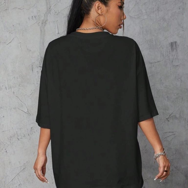 Kadın Baskılı T-Shirt Kısa Kol Bisiklet Yaka Oversize Rahat Kalıp Tişört - Siyah