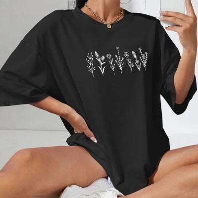 Kadın Baskılı T-Shirt Kısa Kol Bisiklet Yaka Oversize Rahat Kalıp Tişört - Siyah