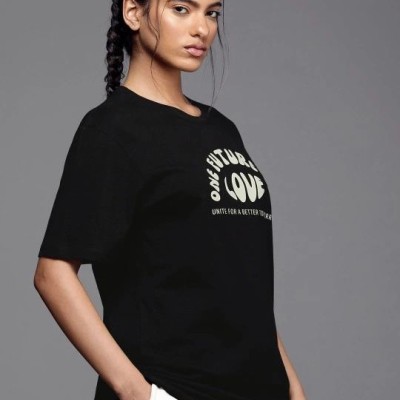 Kadın Baskılı T-Shirt Kısa Kol Bisiklet Yaka Oversize Rahat Kalıp Tişört - Siyah