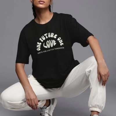 Kadın Baskılı T-Shirt Kısa Kol Bisiklet Yaka Oversize Rahat Kalıp Tişört - Siyah
