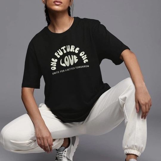 Kadın Baskılı T-Shirt Kısa Kol Bisiklet Yaka Oversize Rahat Kalıp Tişört - Siyah