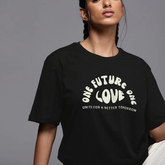 Kadın Baskılı T-Shirt Kısa Kol Bisiklet Yaka Oversize Rahat Kalıp Tişört - Siyah