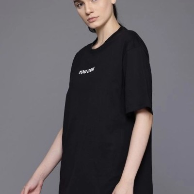 Kadın Baskılı T-Shirt Kısa Kol Bisiklet Yaka Oversize Rahat Kalıp Tişört - Siyah