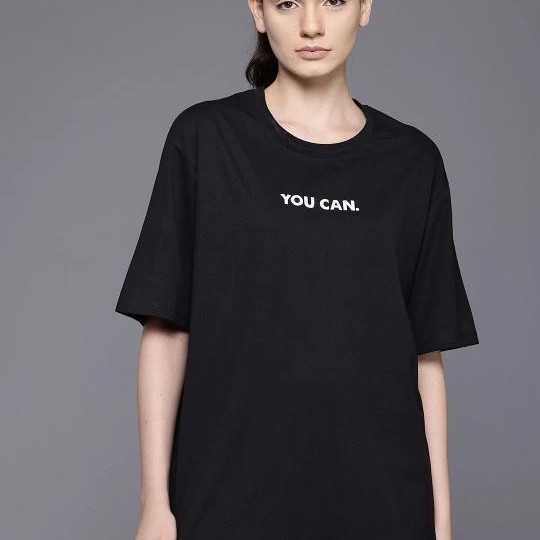 Kadın Baskılı T-Shirt Kısa Kol Bisiklet Yaka Oversize Rahat Kalıp Tişört - Siyah