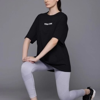 Kadın Baskılı T-Shirt Kısa Kol Bisiklet Yaka Oversize Rahat Kalıp Tişört - Siyah