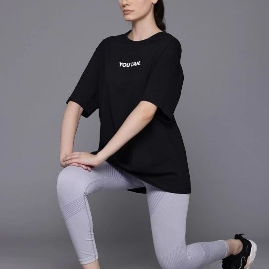 Kadın Baskılı T-Shirt Kısa Kol Bisiklet Yaka Oversize Rahat Kalıp Tişört - Siyah