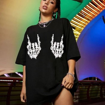 Kadın Baskılı T-Shirt Kısa Kol Bisiklet Yaka Oversize Rahat Kalıp Tişört - Siyah