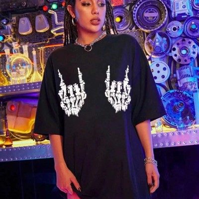 Kadın Baskılı T-Shirt Kısa Kol Bisiklet Yaka Oversize Rahat Kalıp Tişört - Siyah