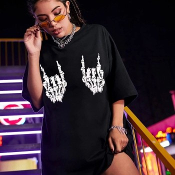 Kadın Baskılı T-Shirt Kısa Kol Bisiklet Yaka Oversize Rahat Kalıp Tişört - Siyah