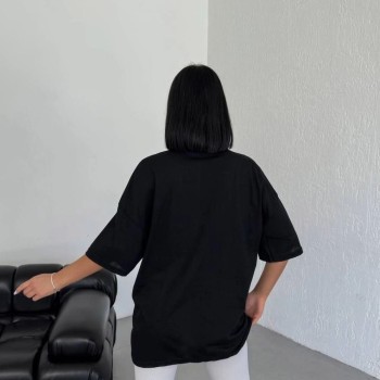 Kadın Baskılı T-Shirt Kısa Kol Bisiklet Yaka Oversize Tişört - Siyah