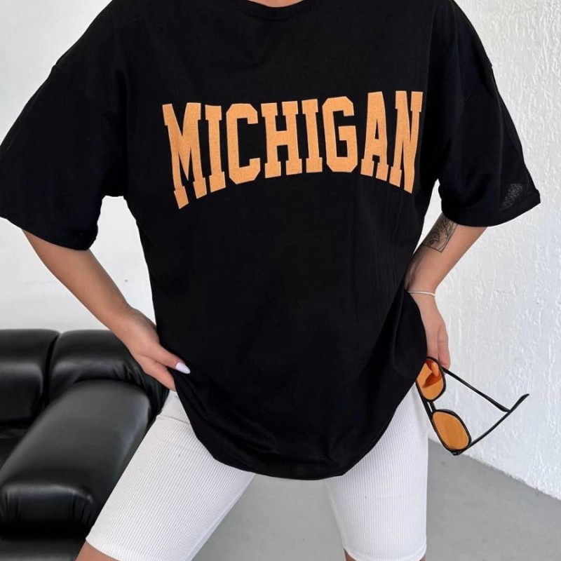 Kadın Baskılı T-Shirt Kısa Kol Bisiklet Yaka Oversize Tişört - Siyah