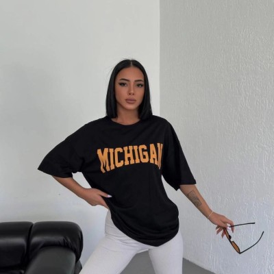Kadın Baskılı T-Shirt Kısa Kol Bisiklet Yaka Oversize Tişört - Siyah