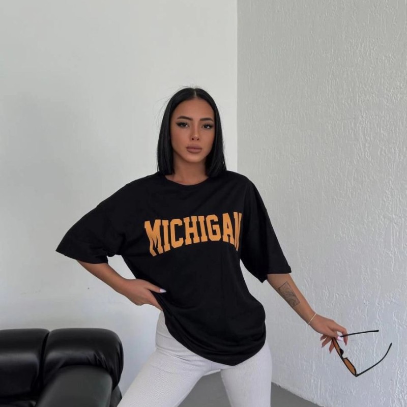 Kadın Baskılı T-Shirt Kısa Kol Bisiklet Yaka Oversize Tişört - Siyah