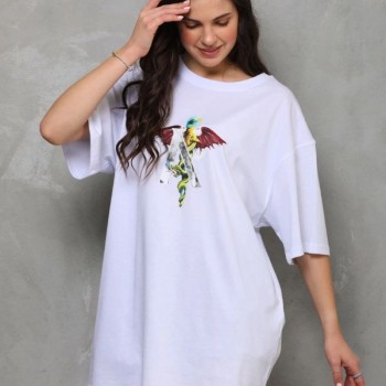 Kadın Baskılı T-Shirt Kısa Kol Bisiklet Yaka Regular Fit Rahat Kalıp Günlük Tişört - Beyaz
