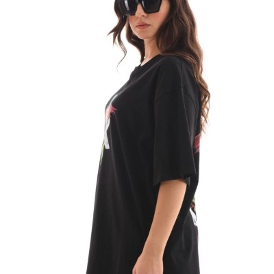 Kadın Baskılı T-Shirt Kısa Kol Bisiklet Yaka Regular Fit Rahat Kalıp Günlük Tişört -Siyah