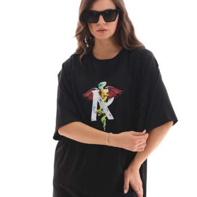 Kadın Baskılı T-Shirt Kısa Kol Bisiklet Yaka Regular Fit Rahat Kalıp Günlük Tişört -Siyah