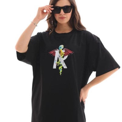 Kadın Baskılı T-Shirt Kısa Kol Bisiklet Yaka Regular Fit Rahat Kalıp Günlük Tişört -Siyah