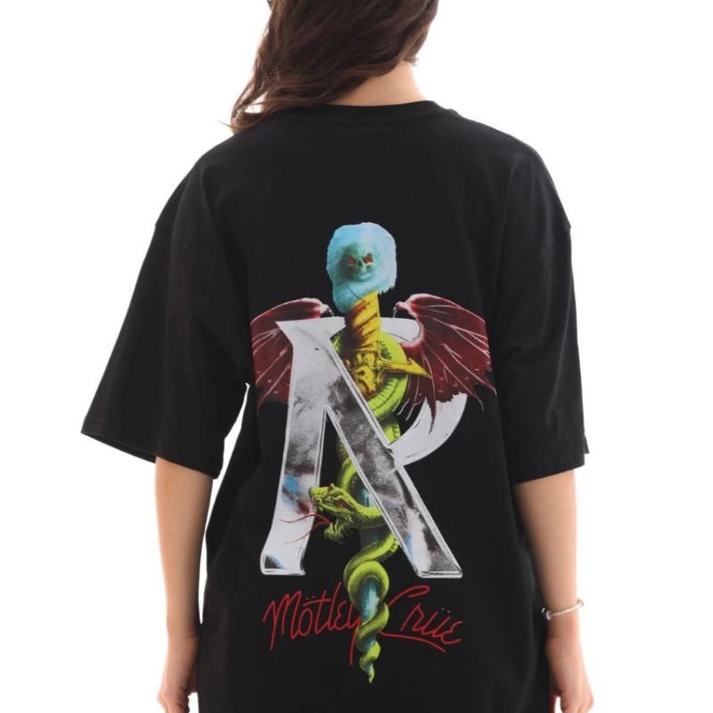 Kadın Baskılı T-Shirt Kısa Kol Bisiklet Yaka Regular Fit Rahat Kalıp Günlük Tişört -Siyah