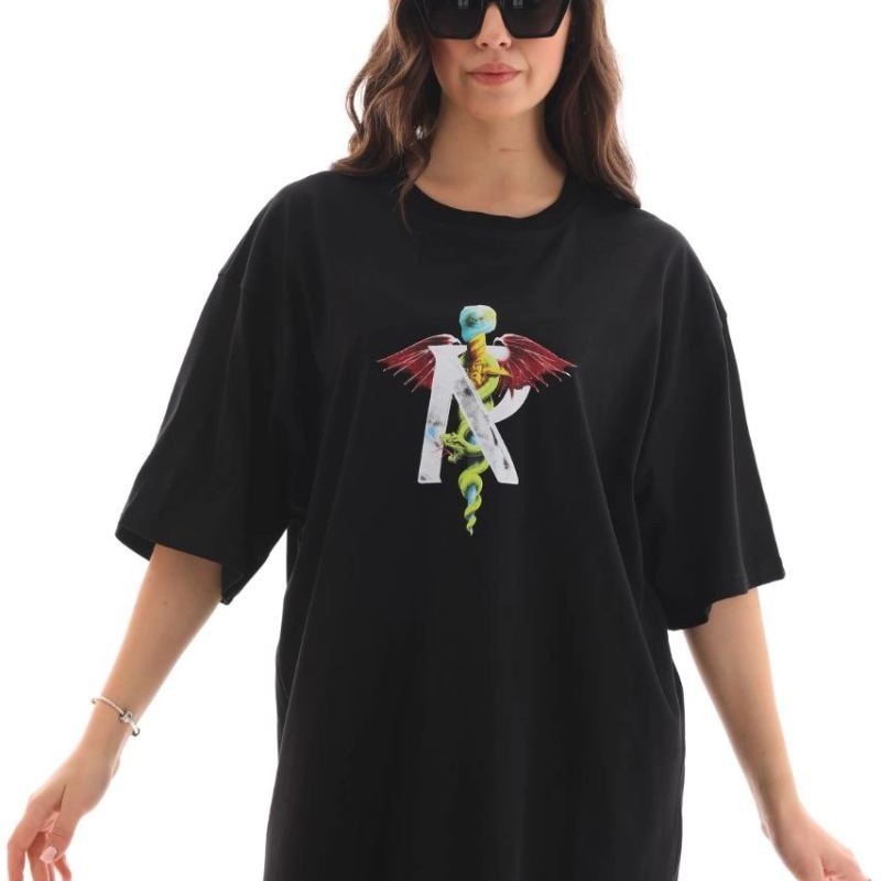 Kadın Baskılı T-Shirt Kısa Kol Bisiklet Yaka Regular Fit Rahat Kalıp Günlük Tişört -Siyah