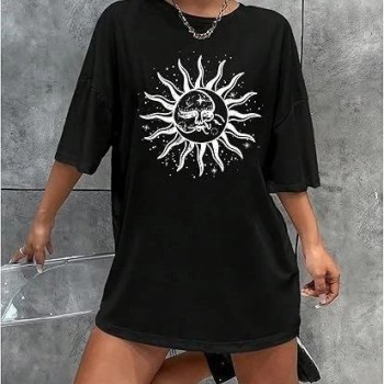 Kadın Baskılı T-Shirt Kısa Kol Bisiklet Yaka Regular Fit Rahat Kalıp Tişört - Siyah