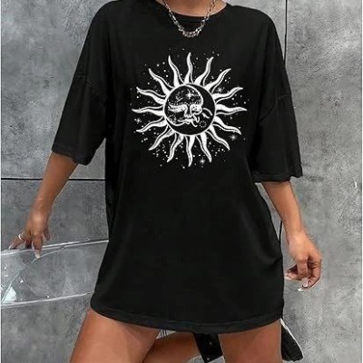 Kadın Baskılı T-Shirt Kısa Kol Bisiklet Yaka Regular Fit Rahat Kalıp Tişört - Siyah